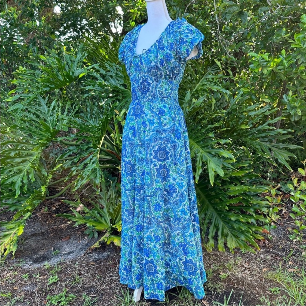 House of Harlow 1960 Cap Sleeve Smocked Waist Blue and Green Floral Maxi Dress